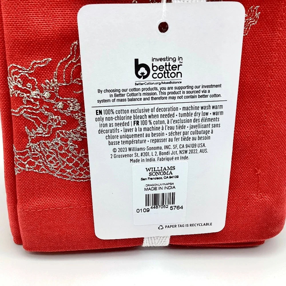 Williams Sonoma Lunar New Year Red Napkins w/Gold Embroidered Dragon, Set of 4.